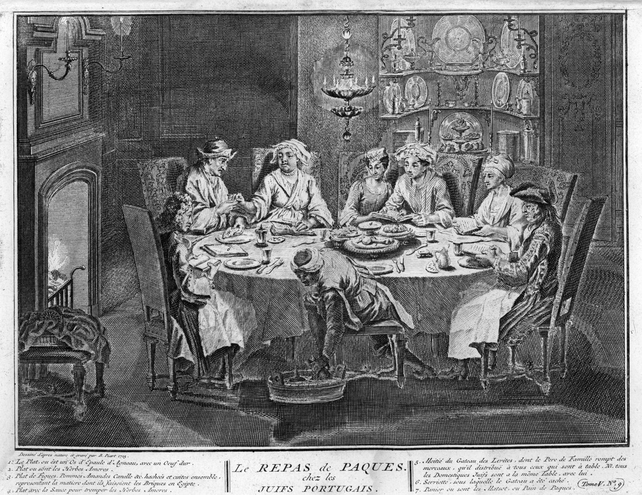 Giudaismo: Festa di Pasqua (o Pesach) nella comunità ebraica portoghese. Incisione da "Illustrazione delle cerimonie e dei costumi religiosi di tutti i popoli del mondo" di Bernard Picart (1723-1743) 1819 Collezione privata da Bernard Picart