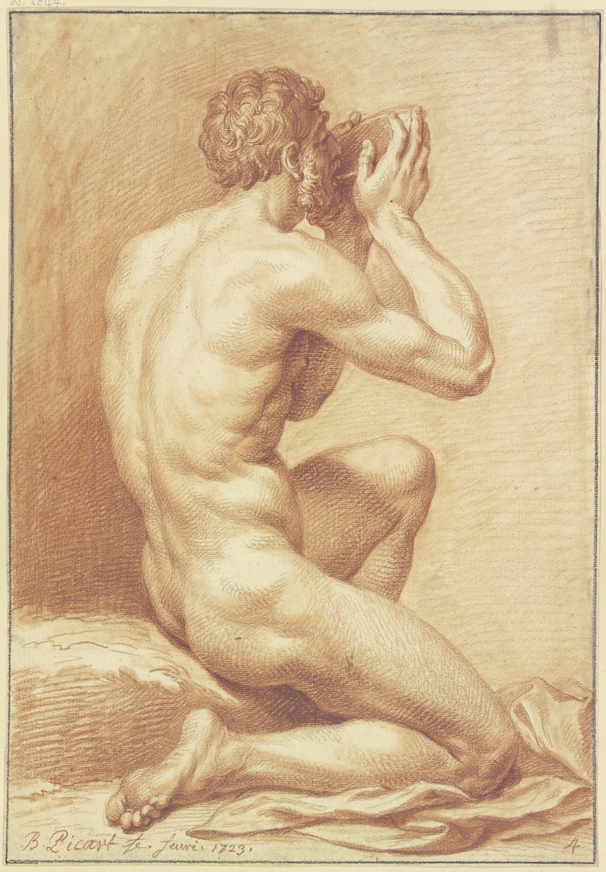Nudo maschile inginocchiato, mentre beve da una coppa da Bernard Picart