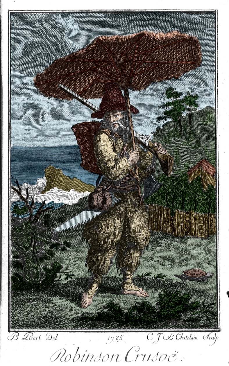 Rappresentazione di Robinson Crusoe sulla sua isola deserta. Incisione di Bernard Picart (1673-1733) che illustra il romanzo di Daniel Defoe (1660-1731) da Bernard Picart