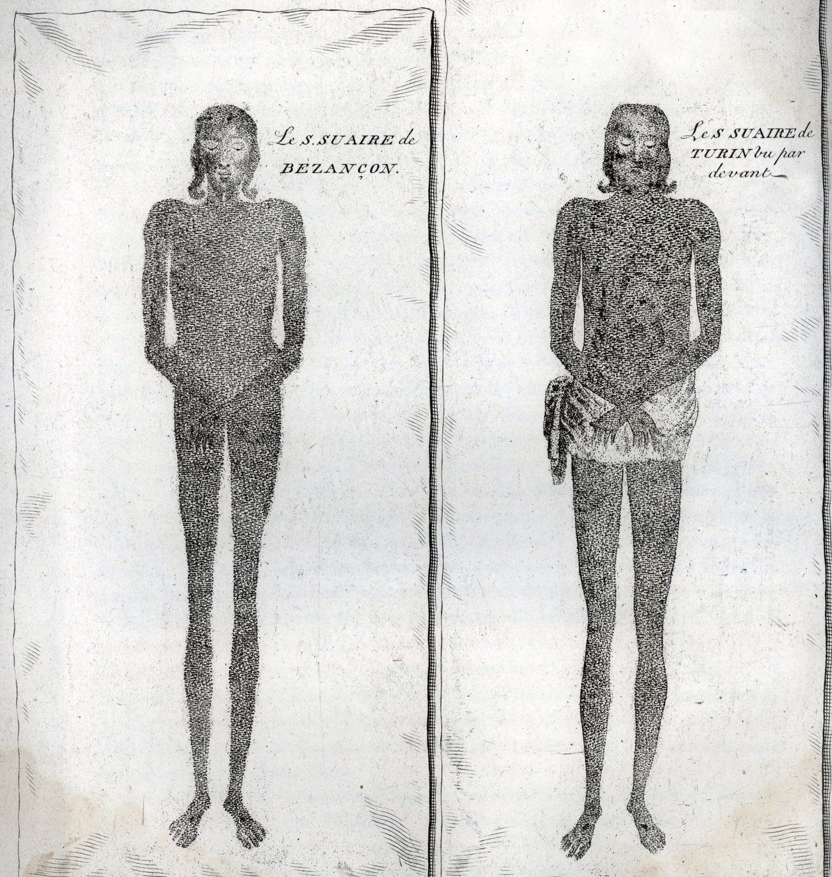 Rappresentazione della Sindone di Besançon e della Sindone di Torino, incisione da "Illustration de ceremonies et customs religieuses de tous les peuples du monde" di Bernard Picart (1723-1743) da Bernard Picart