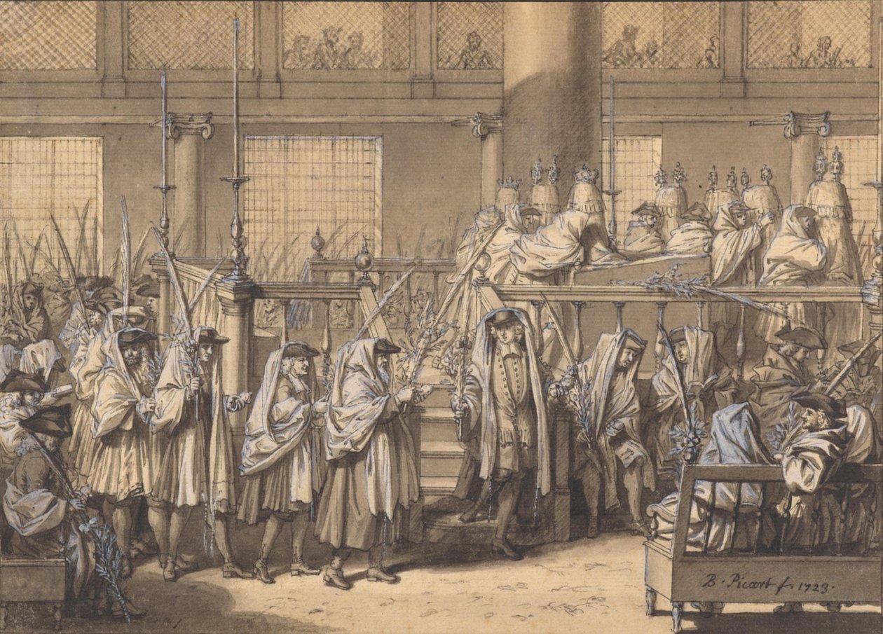 Processione con rami di palma durante la Festa delle Capanne nella Sinagoga Portoghese di Amsterdam da Bernard Picart