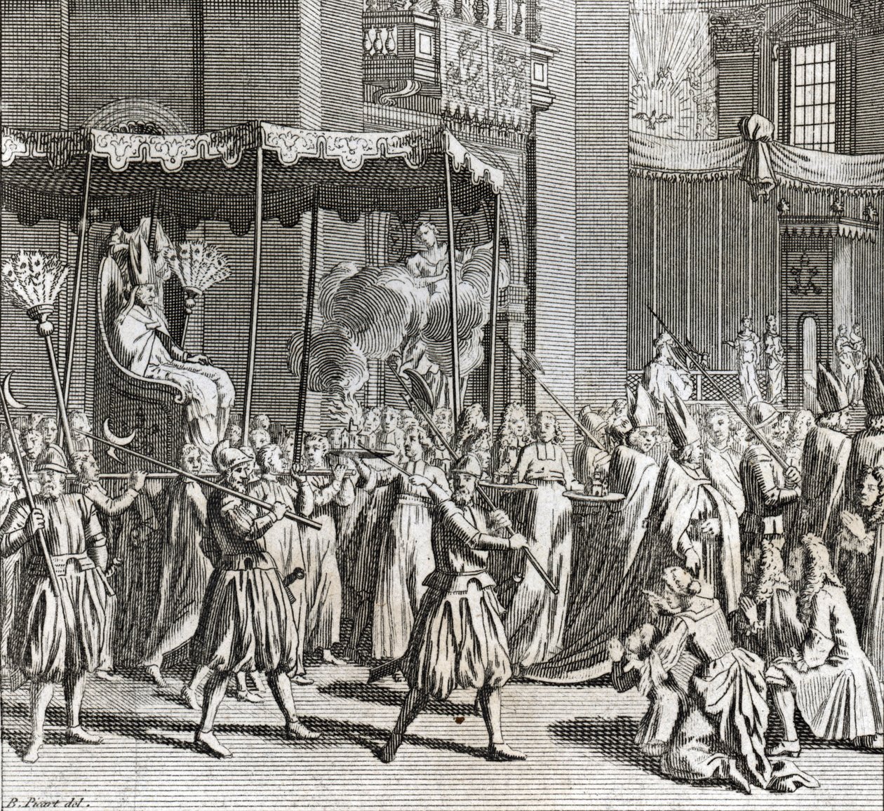 Solenne Inaugurazione del Pontificato: il rogo di un panno) Incisione da "Illustrazione di cerimonie e costumi religiosi di tutti i popoli del mondo" di Bernard Picart (1723-1743) 1819 Collezione privata da Bernard Picart