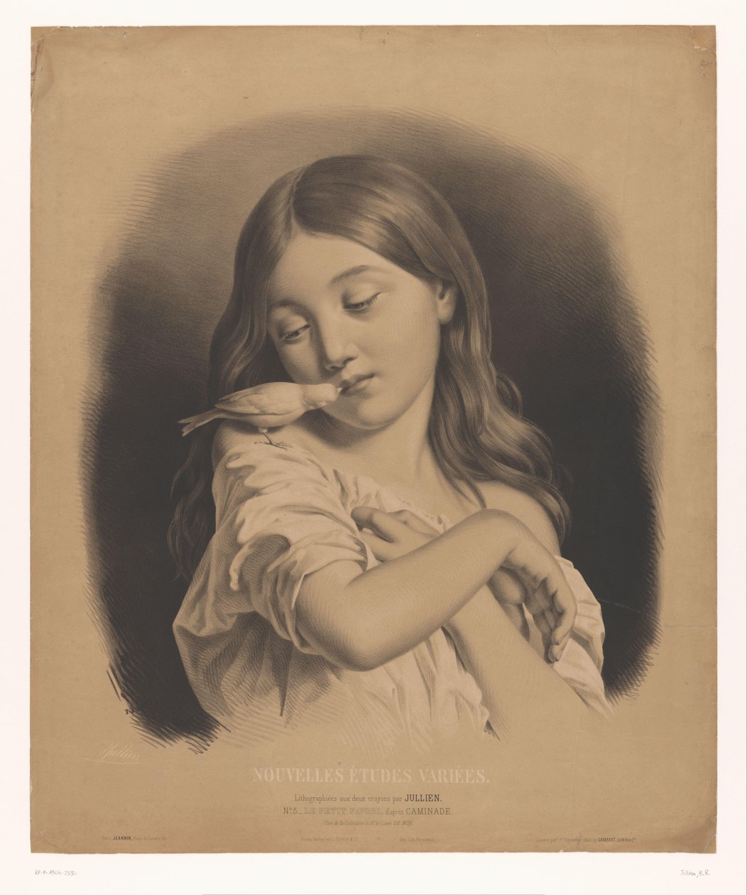 Giovane ragazza con un uccello sulla spalla (dalla serie Nuovi studi vari) da Bernard Romain Julien