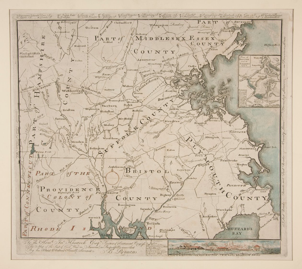 Mappa di Boston e dintorni, ca. 1775 da Bernard Romans