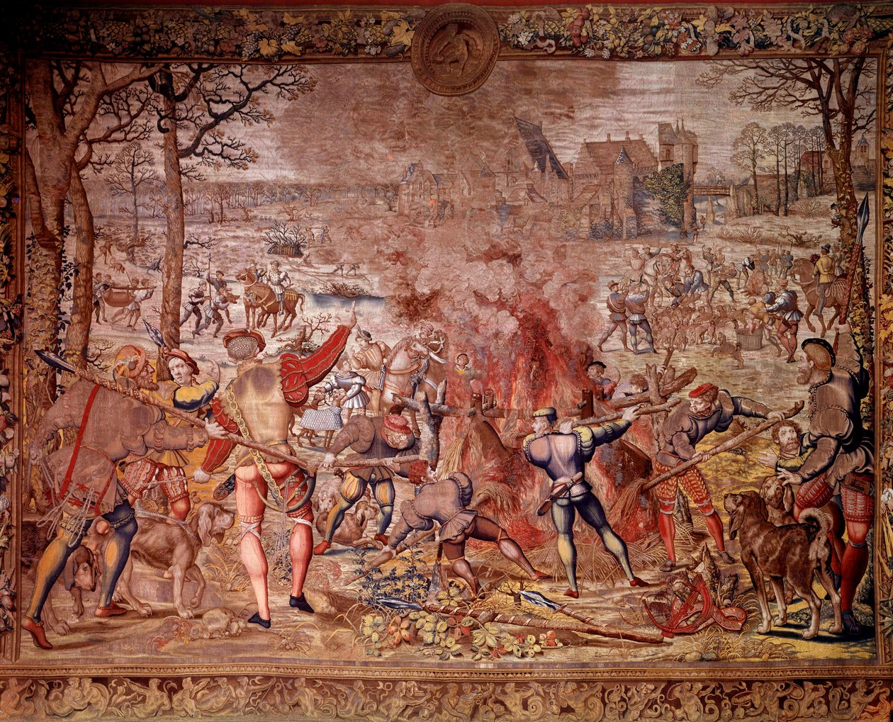 Le cacce di Massimiliano: il mese di gennaio, Acquario, caccia al cinghiale, flambee, curee - Arazzo realizzato nei laboratori fiamminghi da Bernard van Orley da Bernard van (after) Orley