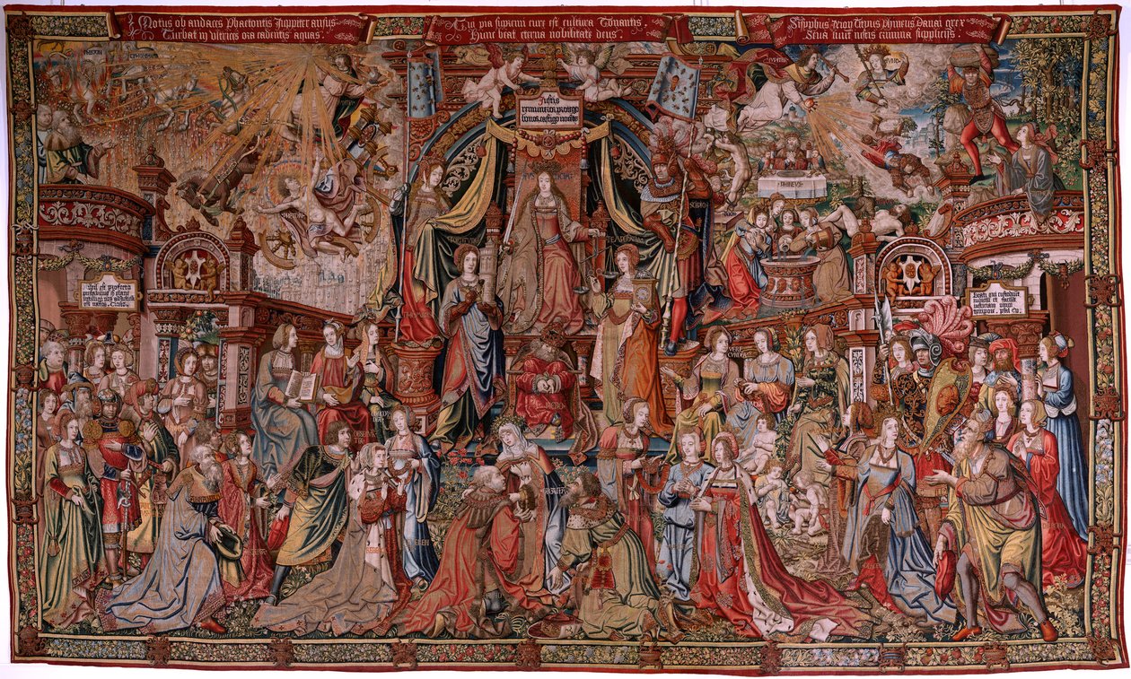 Arazzo fiammingo. Serie Gli Onori. Giustizia (La Justicia, Los Honores). Nono arazzo della serie. Modello Cartonisti del circolo di Bernard van Orley e Jan Gossaert (Mabuse). Manifattura Pieter van Aelst, Bruxelles. Ca 1550. Tessuto Oro, argento, da Bernard van Orley