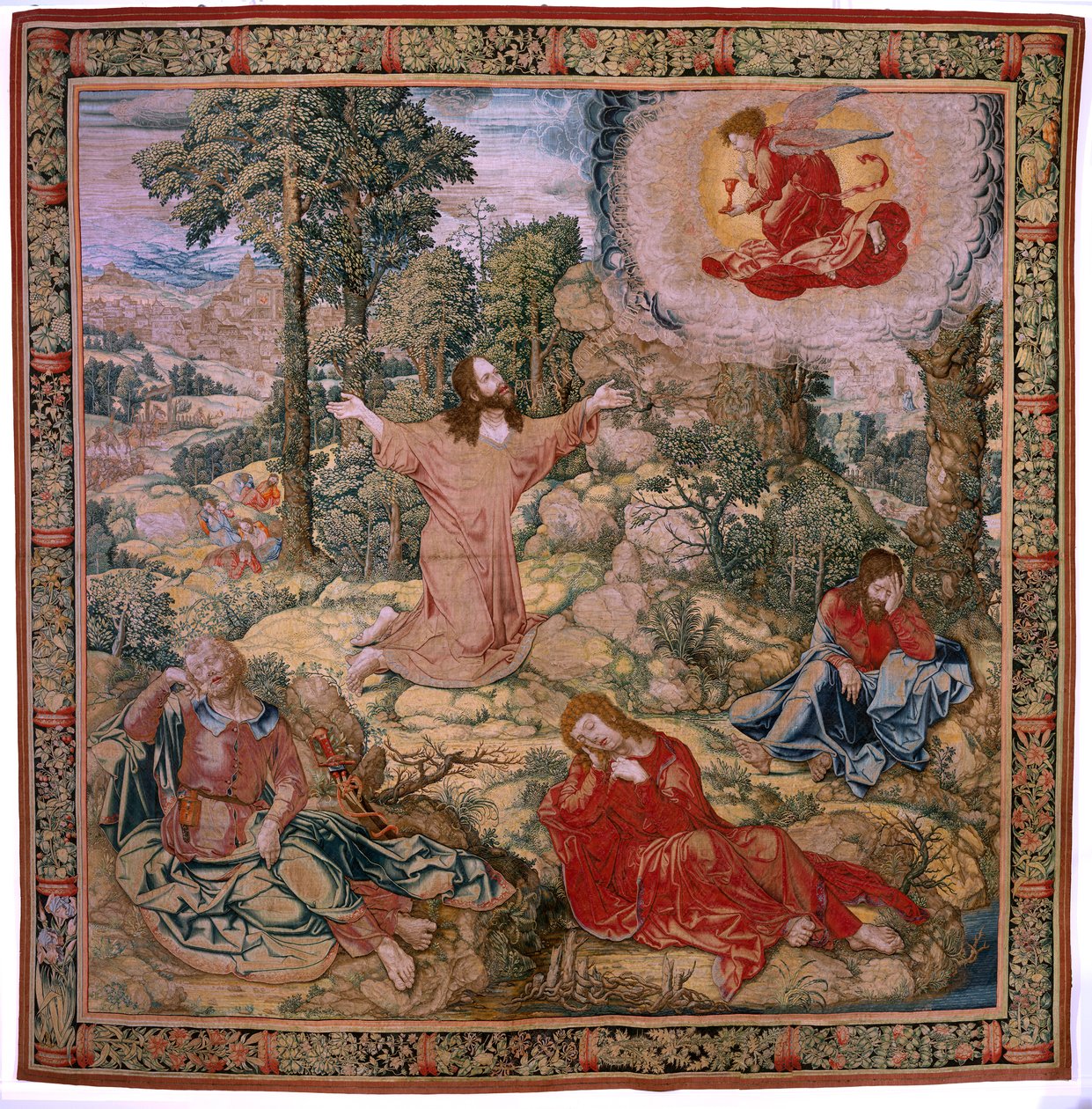 Arazzo fiammingo. Serie La passione di Cristo (De vierkante passie). Cristo nel Monte degli Ulivi (Christus in de Hof van Olijven). Manifattura Pieter de Pannemaeker, Bruxelles. Cartonista Barend van Orley. Ca 1518-1522. da Bernard van Orley