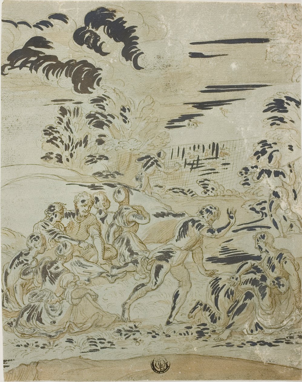 Scena pastorale: uomini che cacciano uccelli, coppie sedute a terra da Bernard van Orley
