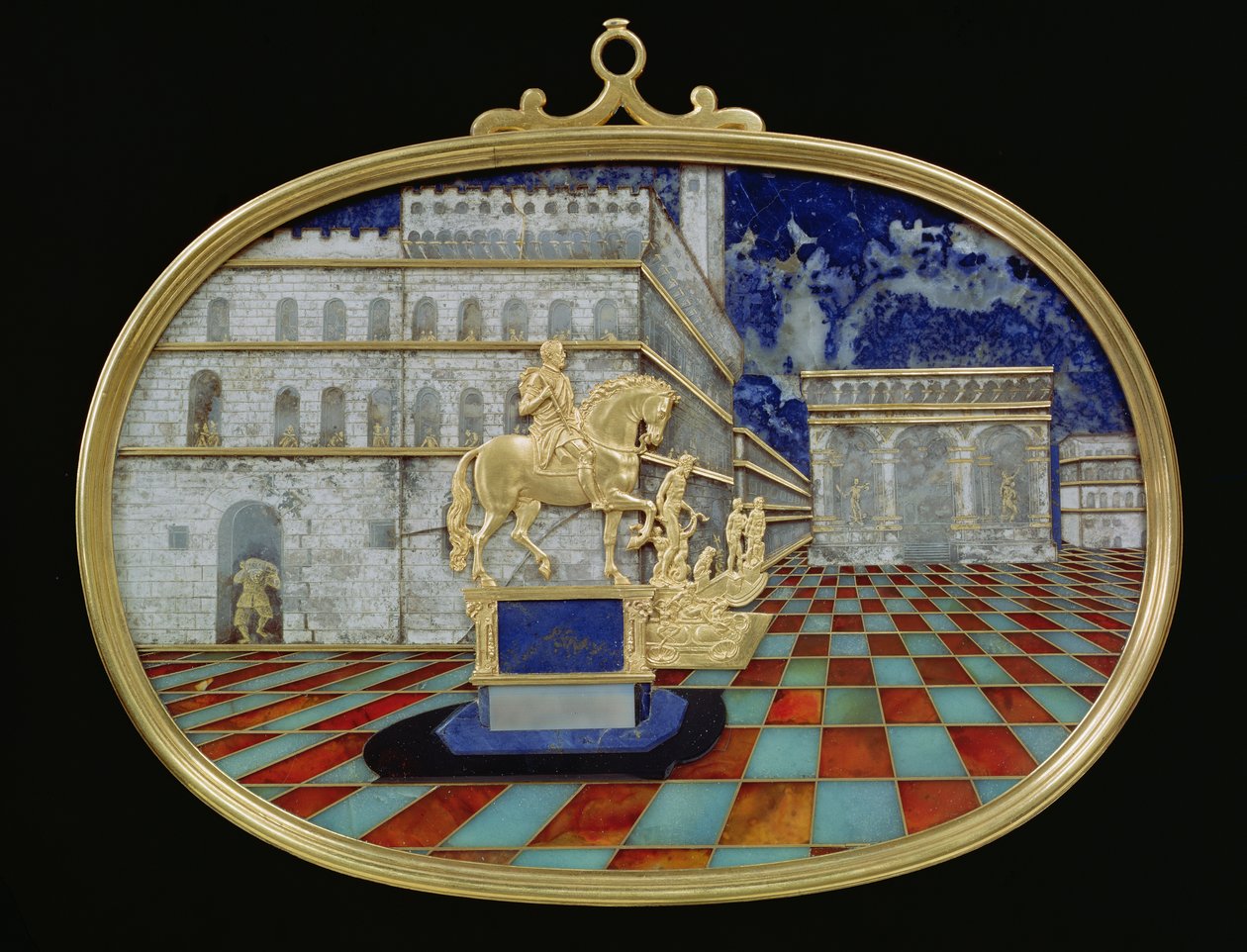 Mosaico miniatura di una piazza italiana, probabilmente Firenze, con bronzi e una statua equestre da Bernardino and Bilivert, Jacopo Gaffuri