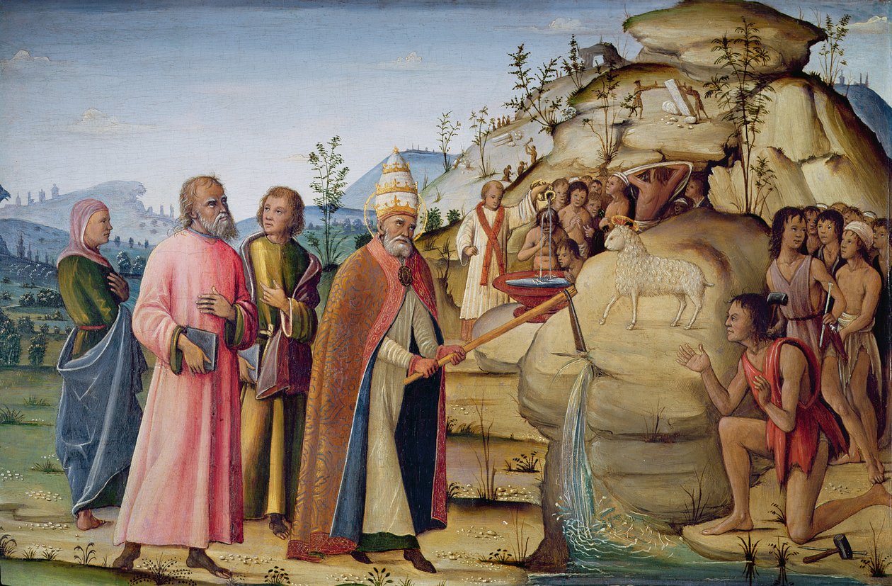 San Clemente che colpisce la roccia sotto il Santo Agnello (olio su tela su pannello) da Bernardino Fungai