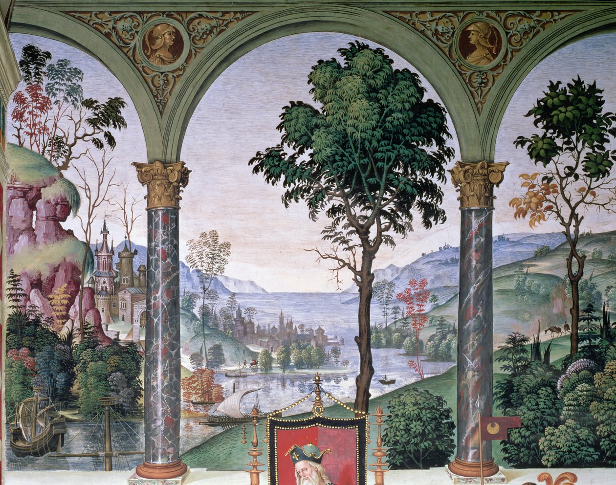 Paesaggio di sfondo visto attraverso la loggia (dettaglio) da Bernardino di Betto Pinturicchio