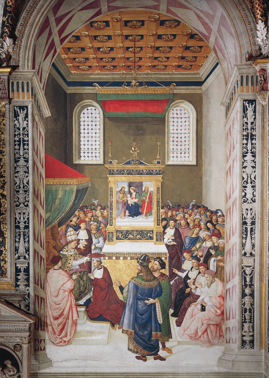 Cattedrale di Siena, Biblioteca Piccolomini, Enea Silvio Piccolomini riceve il cappello cardinalizio da Callisto III, (dettaglio) da Bernardino di Betto Pinturicchio