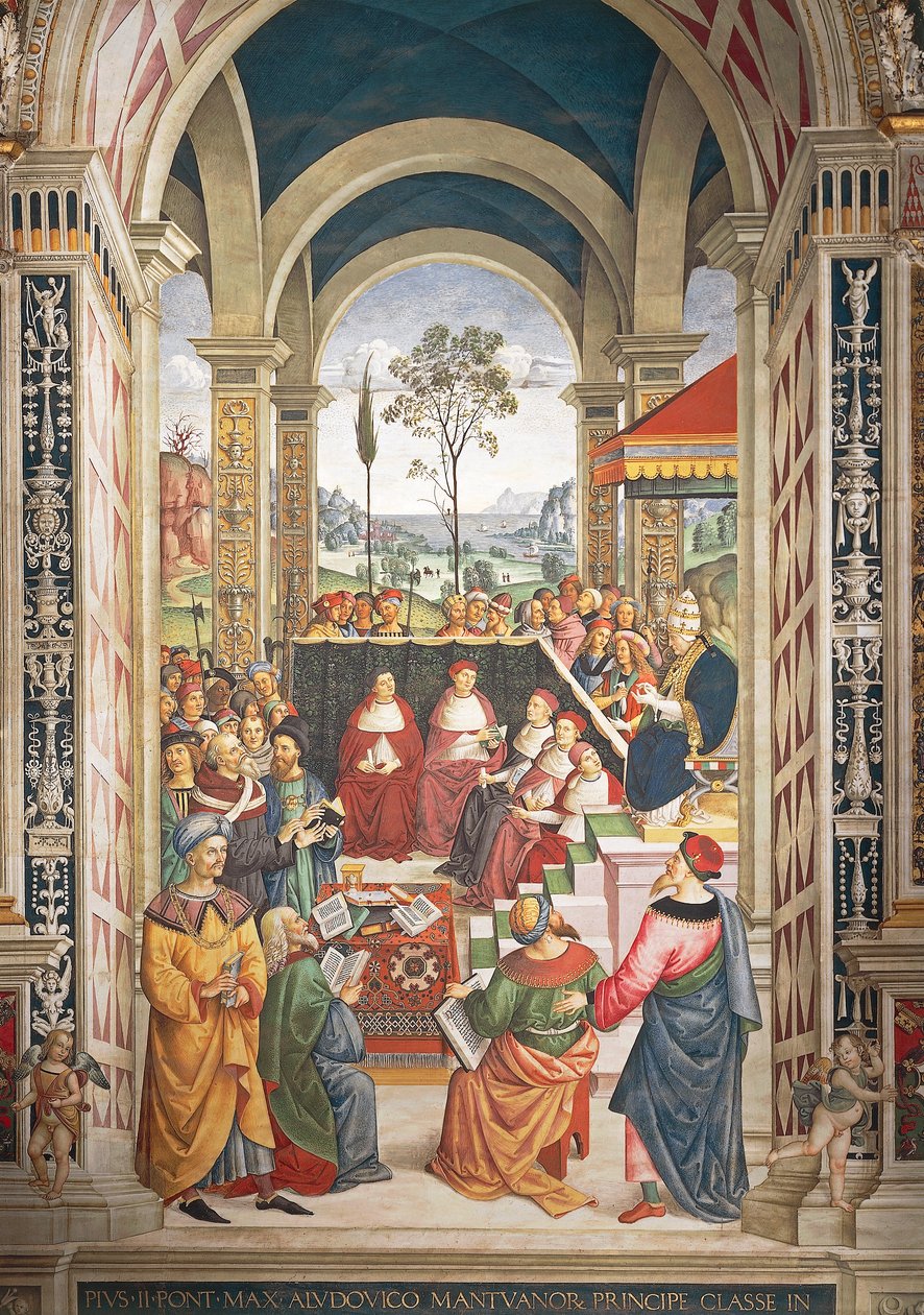 Cattedrale di Siena, Biblioteca Piccolomini, Pio II convocato a Mantova per la dieta organizzata per pianificare la crociata contro i Turchi, (dettaglio) da Bernardino di Betto Pinturicchio
