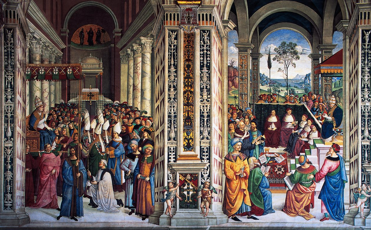 Pio II arriva ad Ancona per iniziare la crociata (XVI secolo), affresco di Pinturicchio, Biblioteca Piccolomini, Cattedrale di Siena, Toscana, Italia da Bernardino di Betto Pinturicchio
