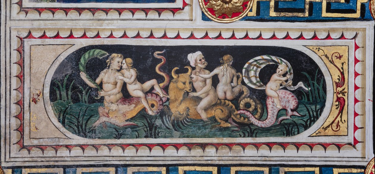 Biblioteca Piccolomini, soffitto: pannello più piccolo con scena di tiaso marittimo (tritoni, putto e una nereide), affresco di Bernardino di Betto, noto come Pinturicchio da Bernardino di Betto Pinturicchio