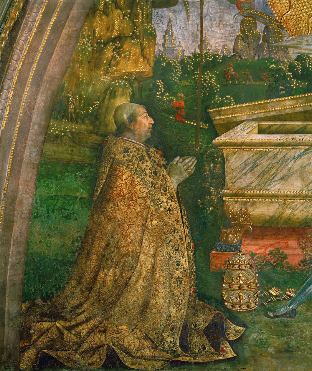 La Resurrezione. Papa Alessandro VI Borgia in ginocchio davanti a un sarcofago vuoto (dipinto murale) da Bernardino di Betto Pinturicchio