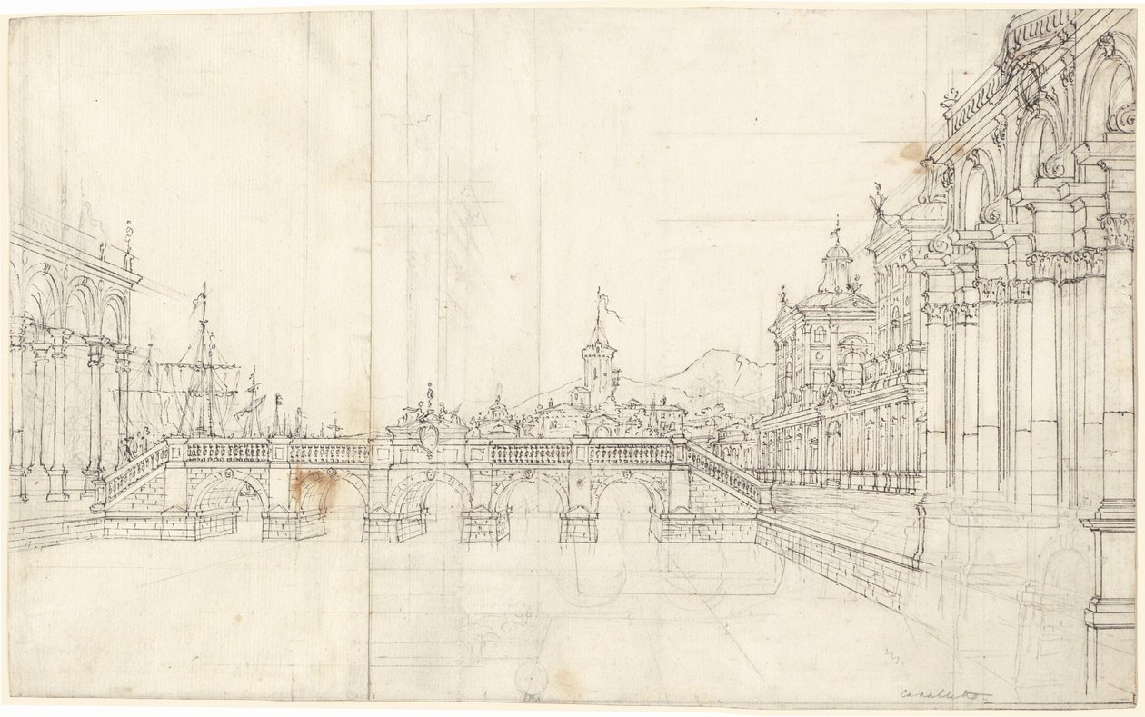 Un Capriccio di Palazzi e una Loggia di Fronte a un Ponte Classico da Bernardo Bellotto