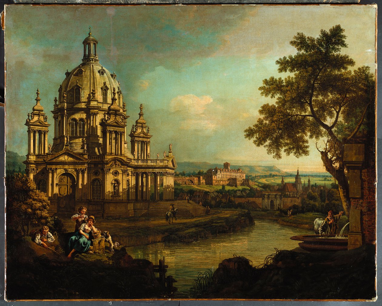 Un capriccio con una chiesa a cupola e edifici a Pirna da Bernardo Bellotto