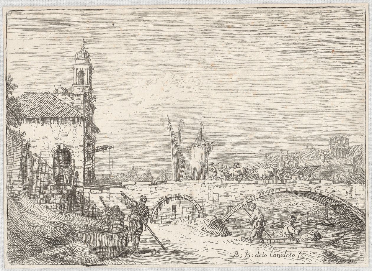 Capriccio con un ponte e una porta fortificata nello stile della Porta Portello di Padova da Bernardo Bellotto