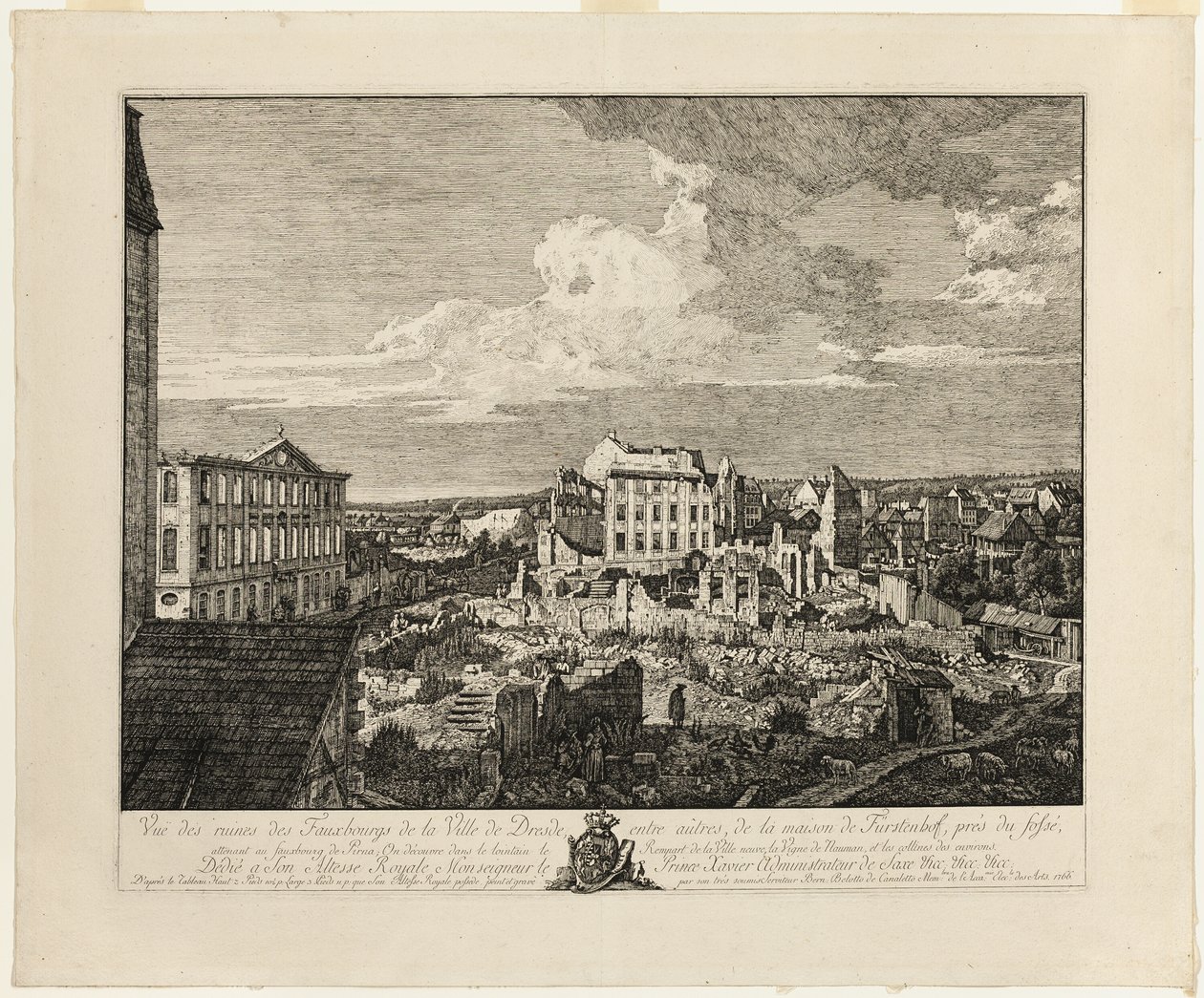 Le rovine del sobborgo di Pirnaischer con il Palais Fürstenhof da Bernardo Bellotto