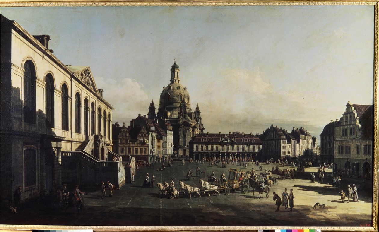 Veduta della piazza del Nuovo Mercato a Dresda (Neumarkt a Dresda) con la chiesa di Nostra Signora (Frauenkirche) da Bernardo Bellotto