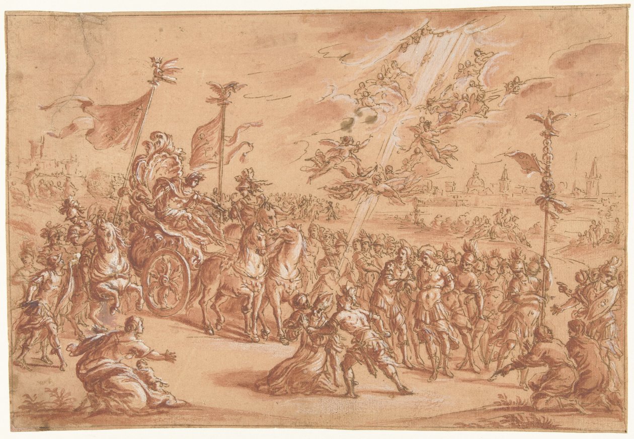 Un santo vescovo inginocchiato accanto al corteo di un imperatore romano da Bernardo Castello (attributed to)