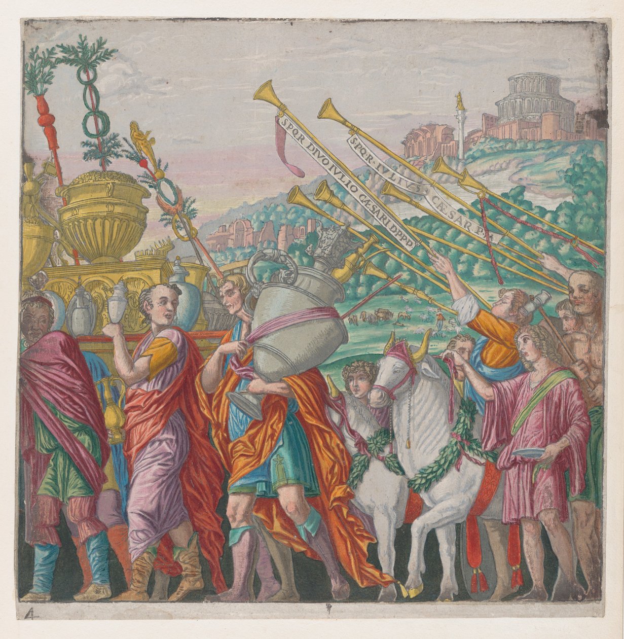 Tavola 4: Uomini che portano trofei a sinistra, trombettisti a destra, da Il trionfo di Giulio Cesare, 1599 da Bernardo Malpizzi