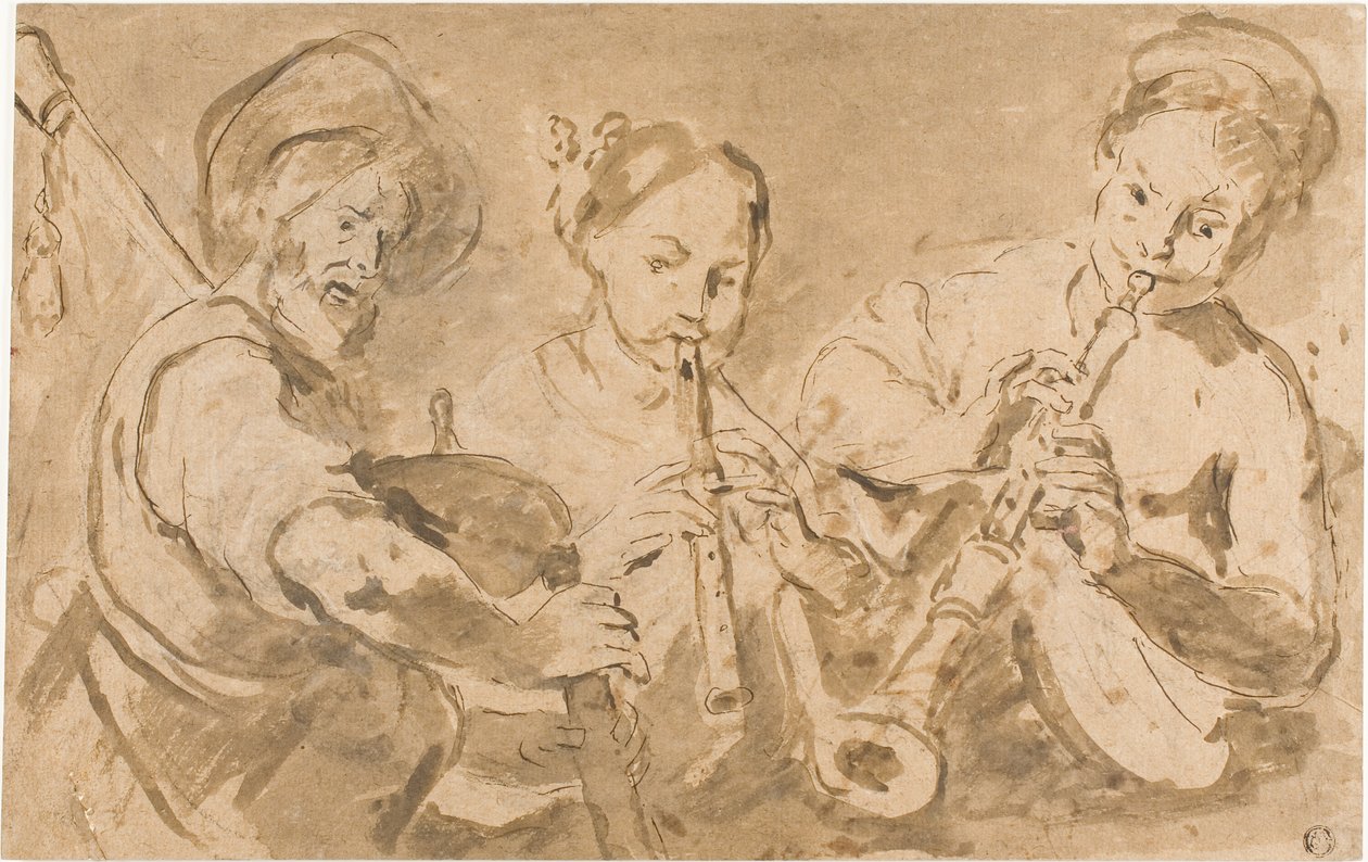 Tre musicisti che suonano corni e pifferi da Bernardo Strozzi
