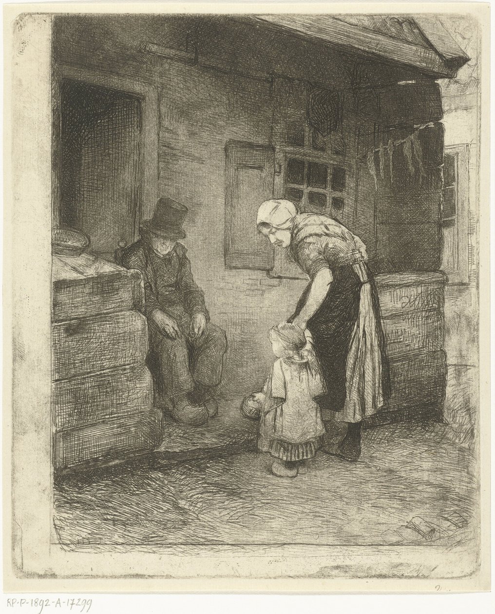 Donna con bambino piccolo accanto a un vecchio seduto davanti a una casa di lavoratori da Bernardus Johannes Blommers