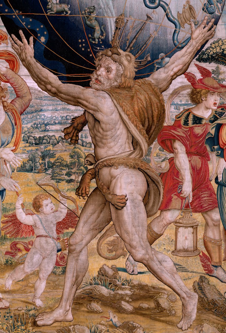 Serie Le Sfere. Ercole sostiene la sfera celeste. Primo arazzo della serie. Modello Barend van Orley o Pieter Coecke van Aelst. 1525-1530. Manifattura Joris Vezeleer (Georg Wezeler)? da Bernart van (attr. to) Orley