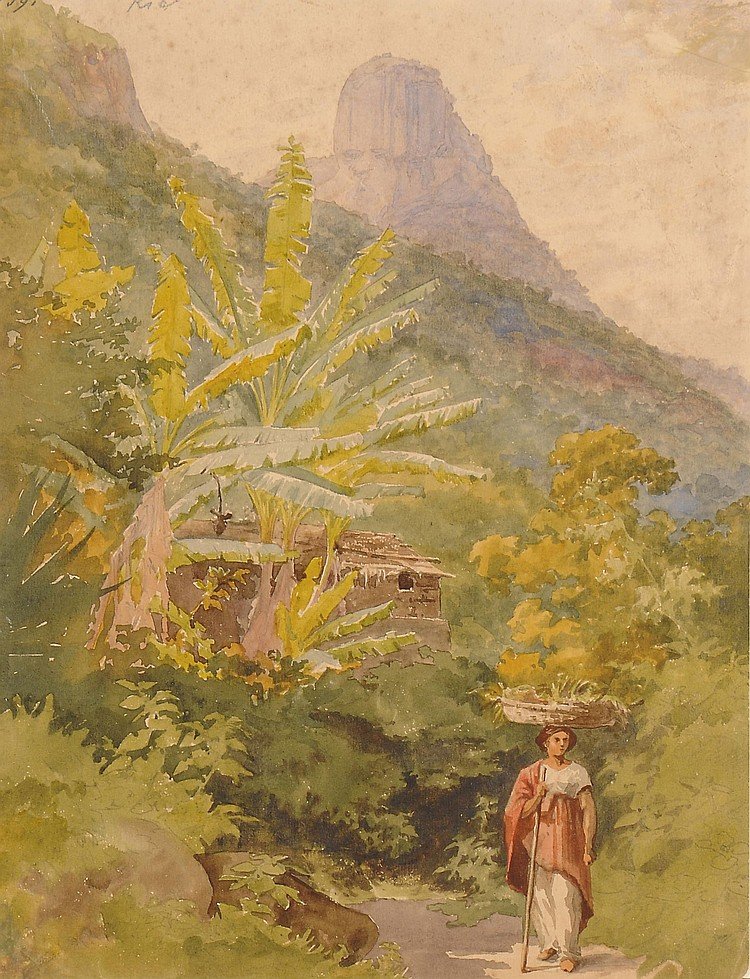 Una donna brasiliana che porta un cesto di frutta sulla testa, con il Pan di Zucchero sullo sfondo da Bernhard Wiegandt