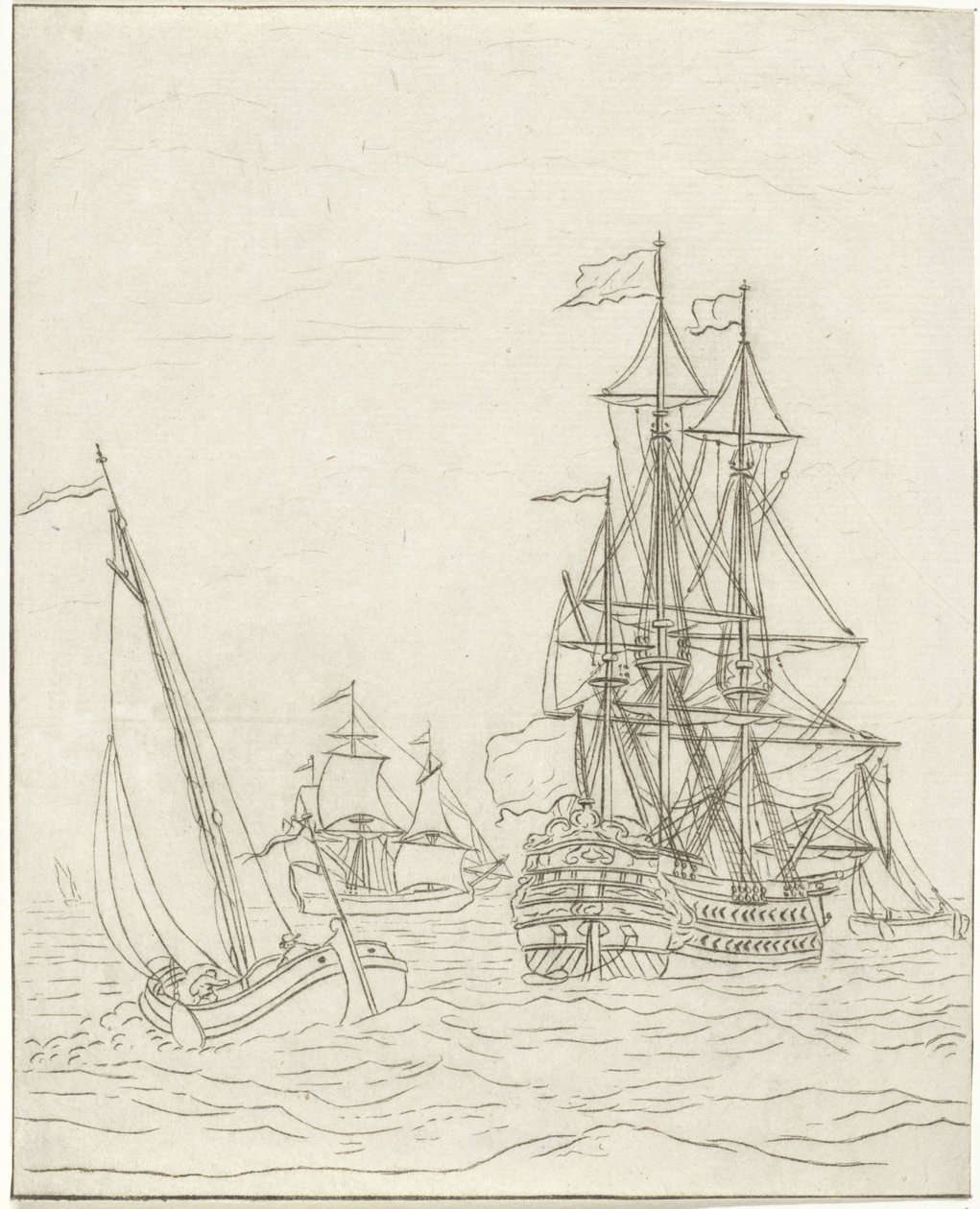 Una nave da guerra e tre velieri in alto mare da Bernhard Schreuder