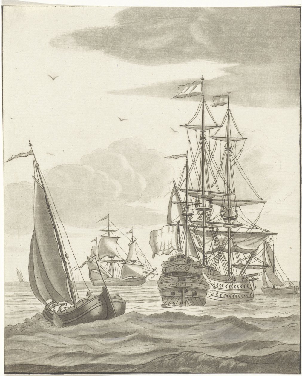 Una nave da guerra e tre velieri in alto mare da Bernhard Schreuder