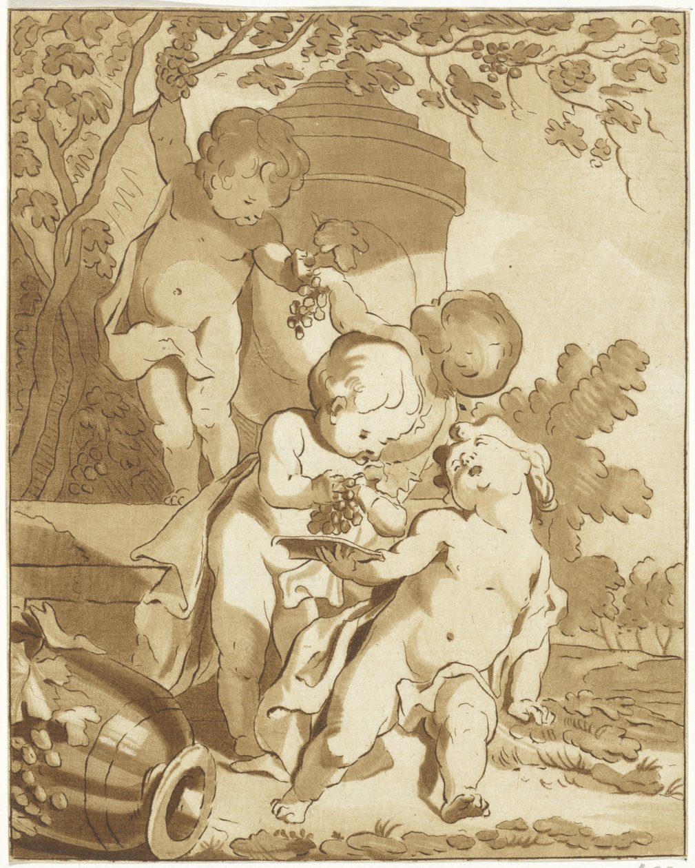 Quattro putti che raccolgono uva accanto a un vaso da Bernhard Schreuder