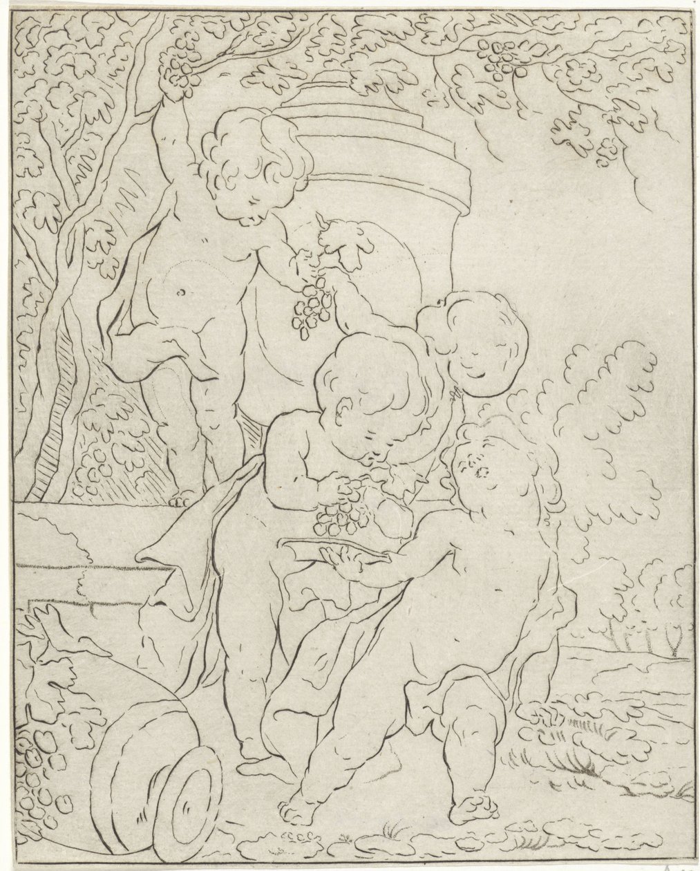 Quattro putti che raccolgono uva accanto a un vaso da Bernhard Schreuder