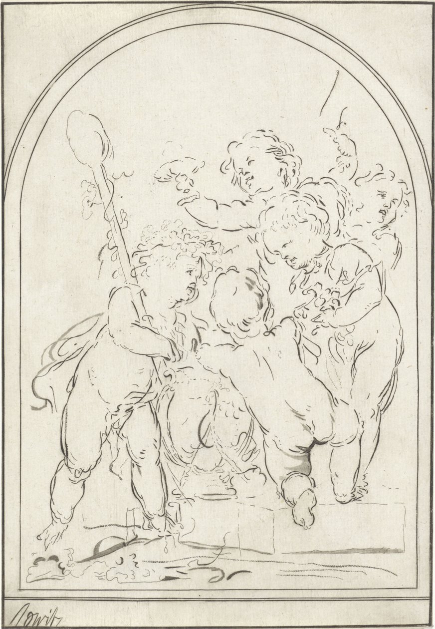Cinque putti accanto a un vaso con tralci d