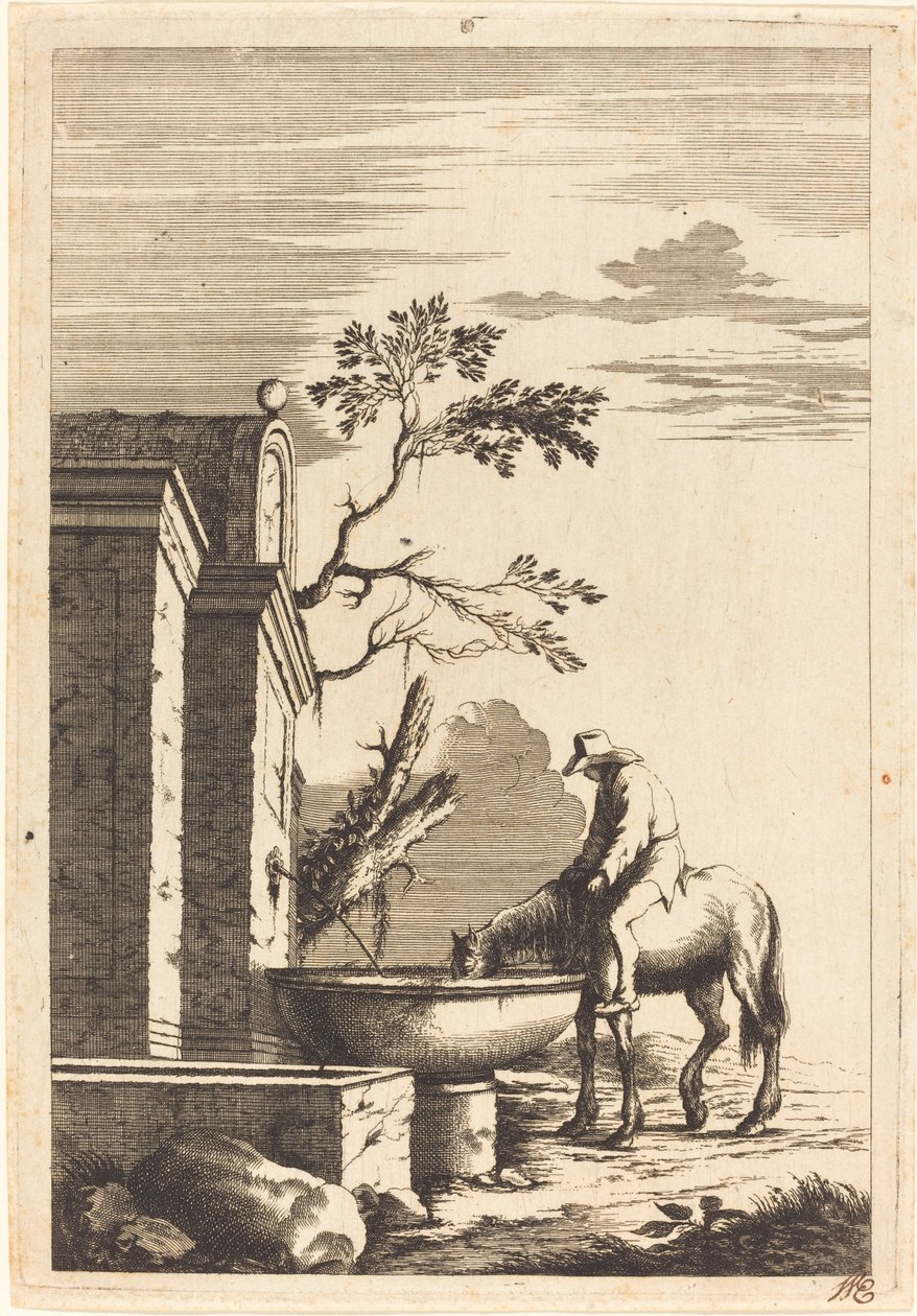 Cavaliere e cavallo a una fontana da Bernhard Zaech after Jonas Umbach