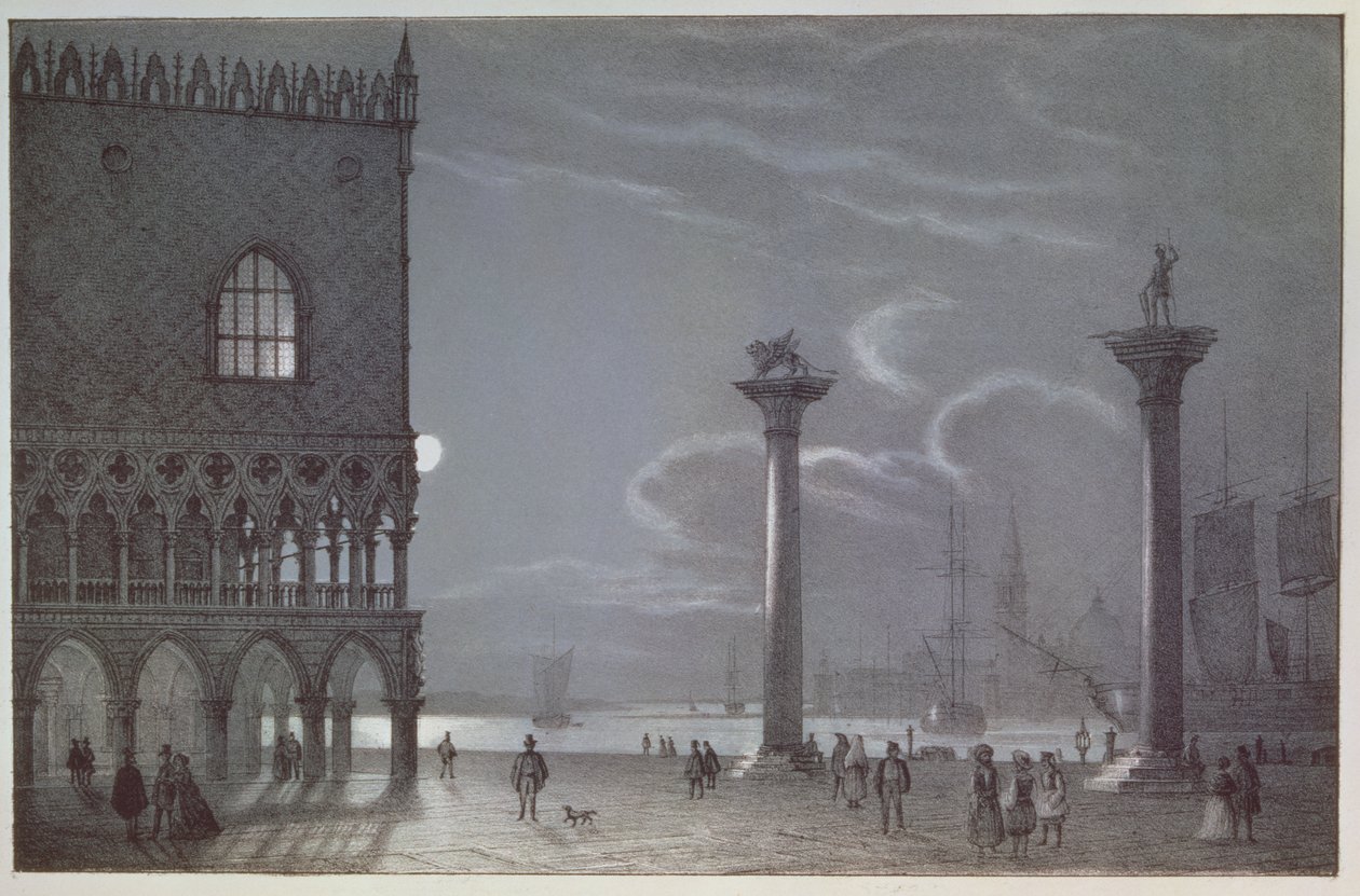 Scena notturna di Palazzo Ducale e delle Due Colonne, Venezia, inciso da Brizeghel da Berselli