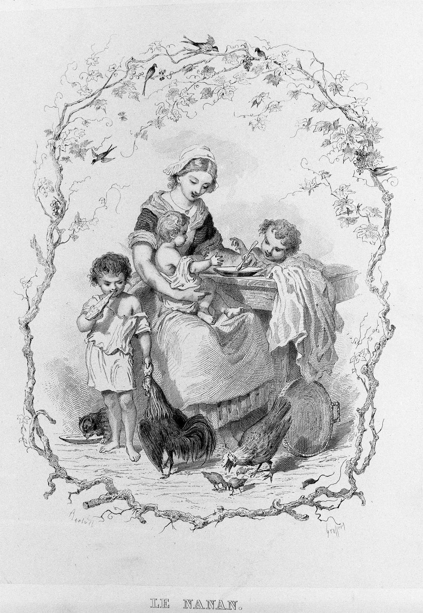 La balia: una giovane madre dà da mangiare ai suoi tre figli in "La Fisiologia del Gusto" di Brillat-Savarin illustrato da Bertal. Parigi 1840. Jean Anthelme Brillat-Savarin (1755-1826) gastronomo francese da Bertall