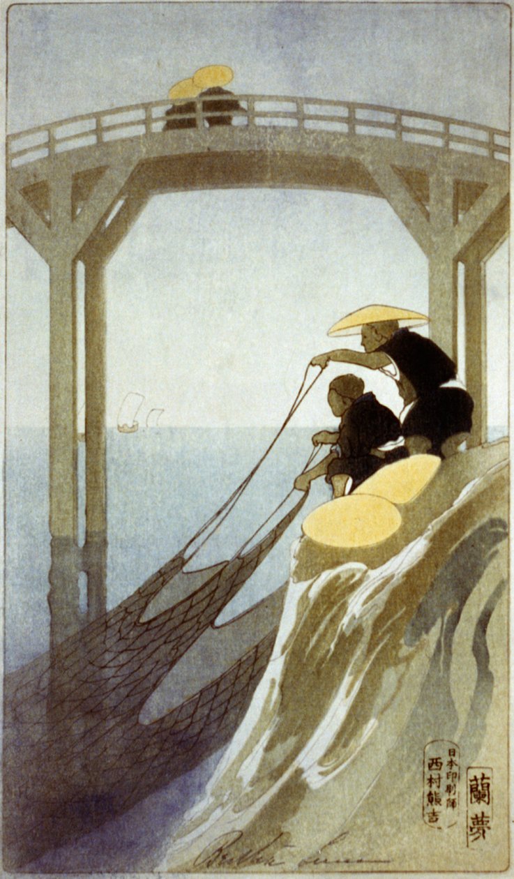 Due pescatori giapponesi che tengono una grande rete vicino a un ponte. xilografia del 1913 di Bertha Lum. da Bertha Boynton Lum