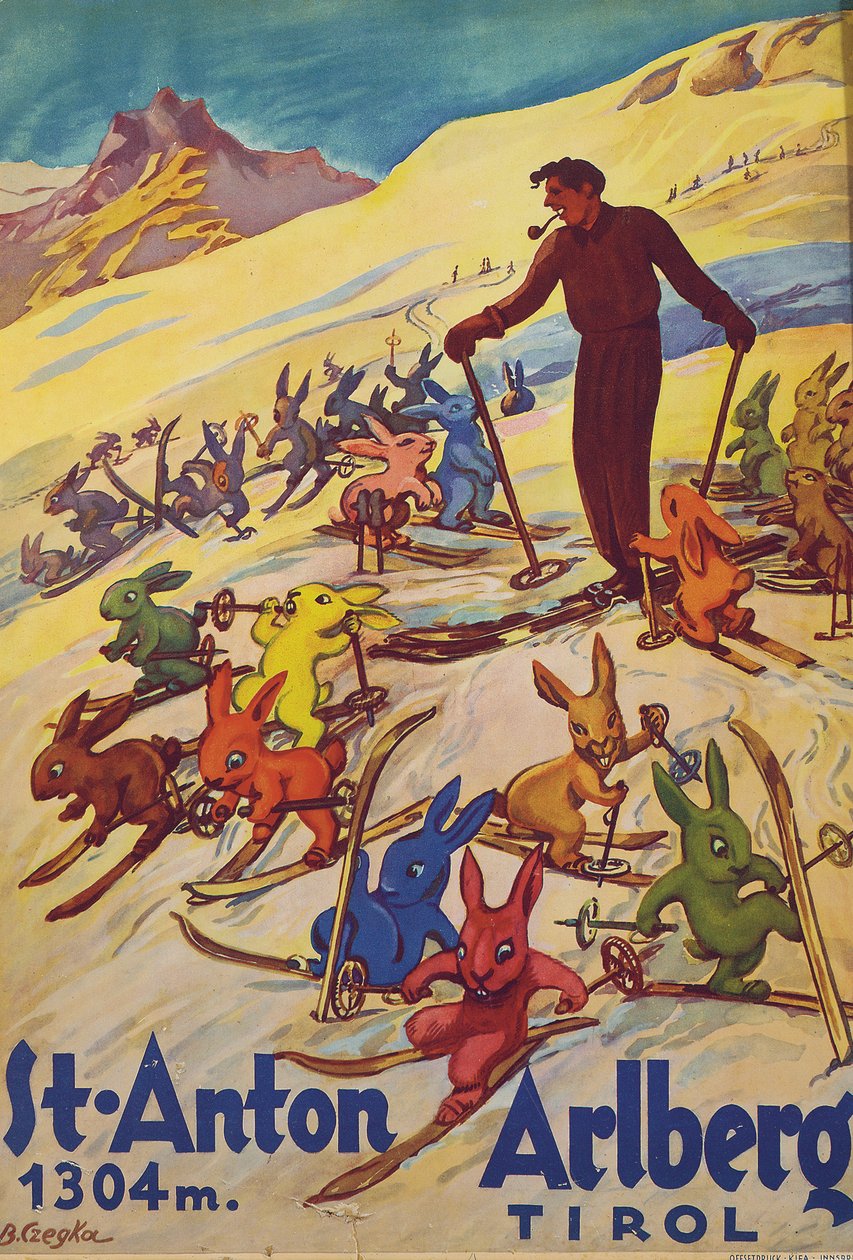 St. Anton, Arlberg, 1930 circa (litografia a colori) da Bertha Czegka