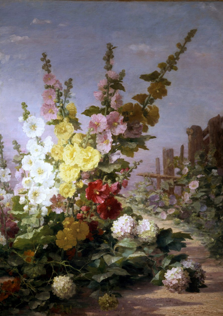 Fiori estivi con agrifogli e ortensie. Pittura di Berthe Costadau (19° sec.) Collezione privilegiata da Berthe Costadau