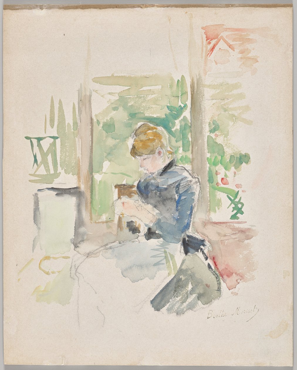 Cucire vicino alla finestra da Berthe Morisot