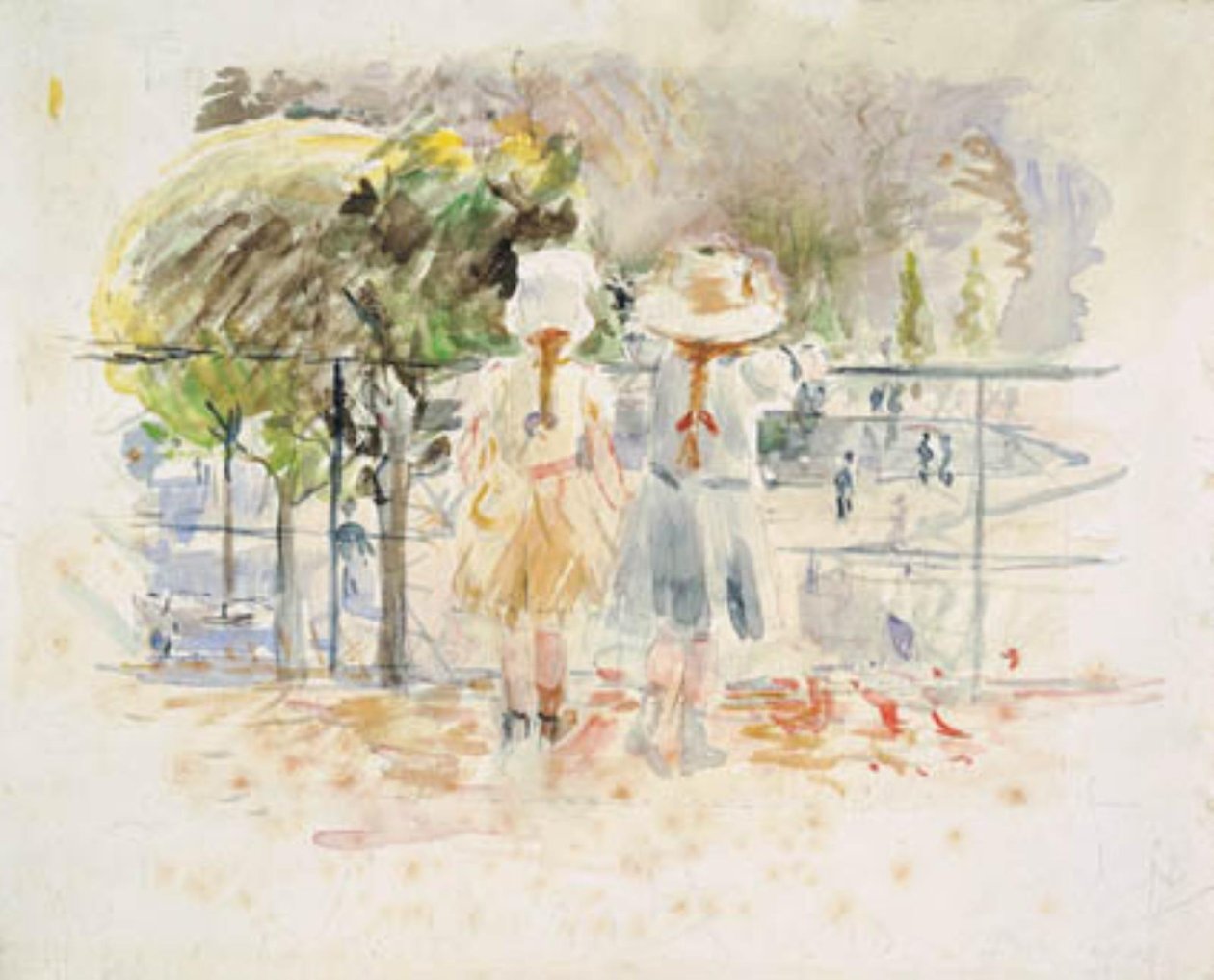 Due bambine su una balaustra vicino al lago nel Jardin des Tuileries, Parigi da Berthe Morisot