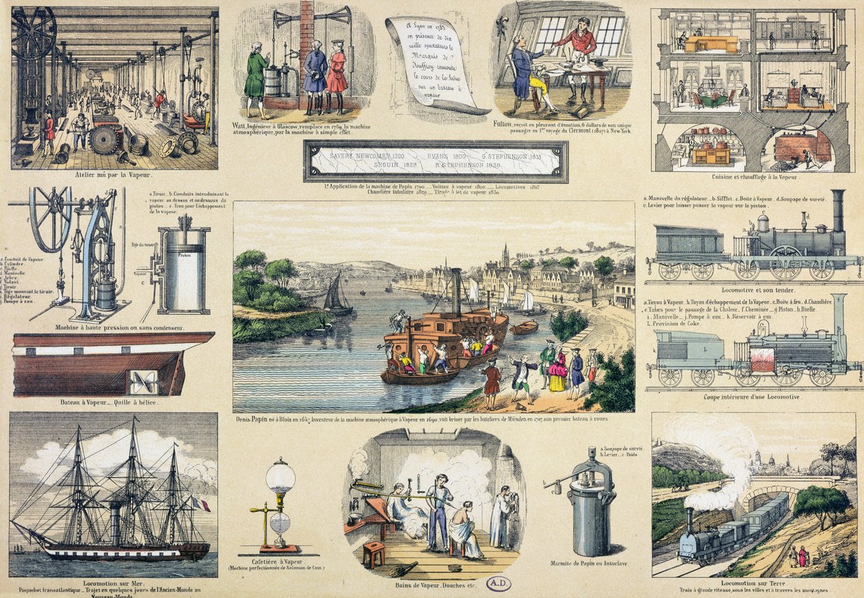 Storia del vapore, illustrazione per un libro di testo educativo, metà del XIX secolo da Bertmont