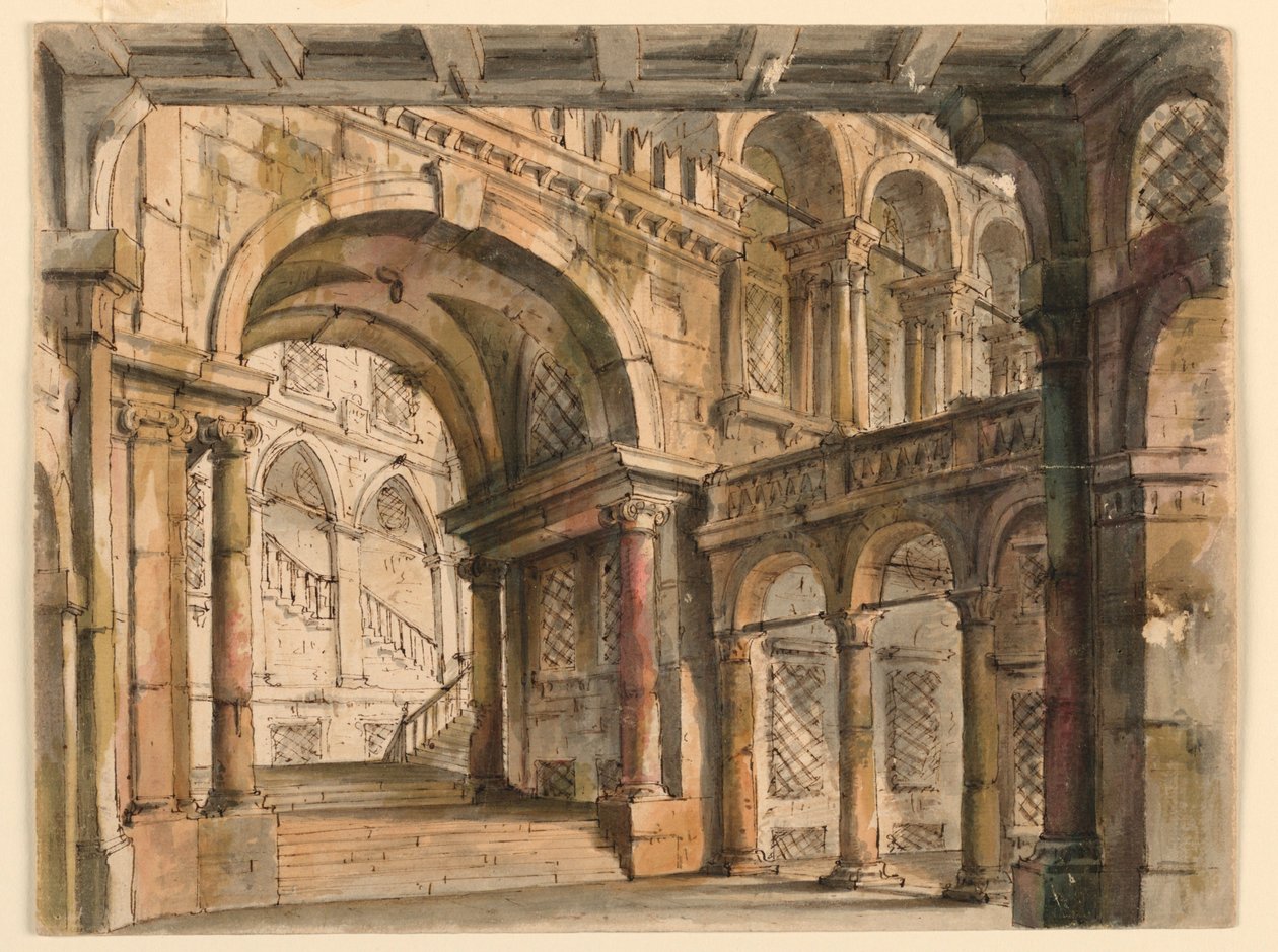 Scenografia, cortili e scale del palazzo da Bibiena Family, 1657