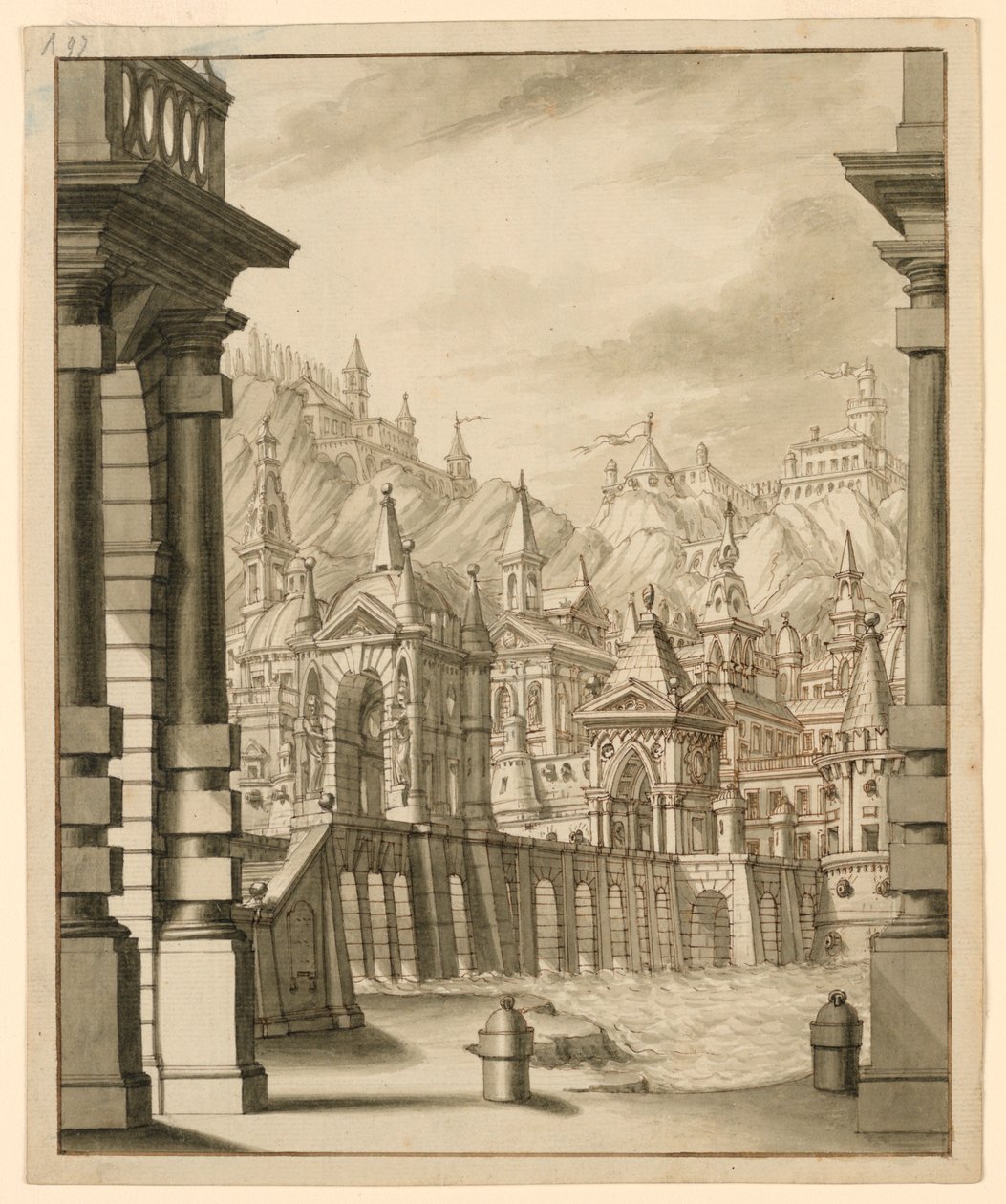 Scenografia, città su una collina con edifici torreggianti da Bibiena Family, 1657
