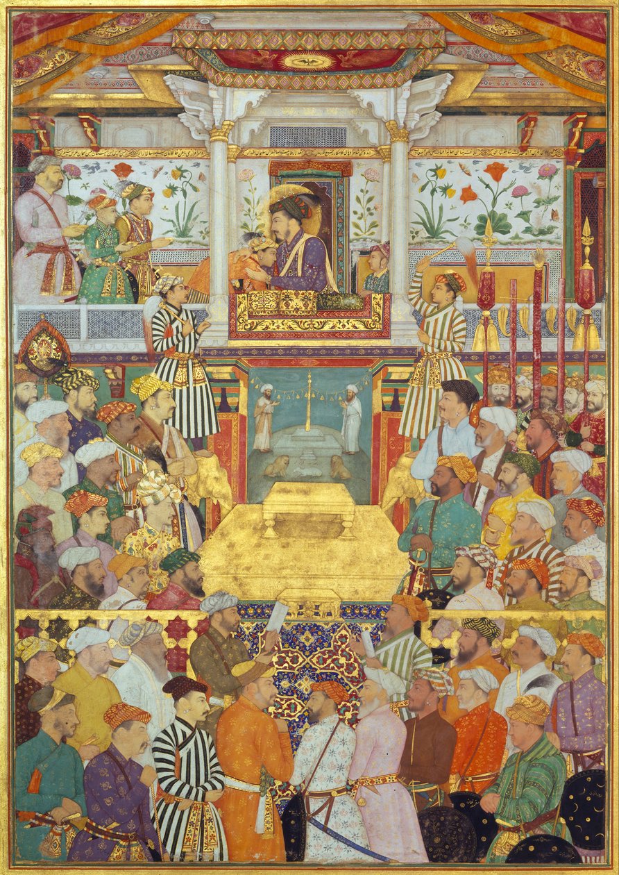 Padshahnama tavola 10: Shah-Jahan riceve i suoi tre figli maggiori e Asaf Khan durante le cerimonie di ascesa (8 marzo 1628) da Bichitr