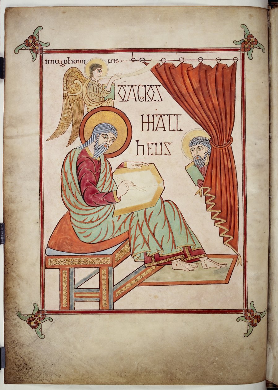 San Matteo, che scrive, con il suo simbolo, dai Vangeli di Lindisfarne, 710-721 da Bishop of Lindisfarne Eadfrith