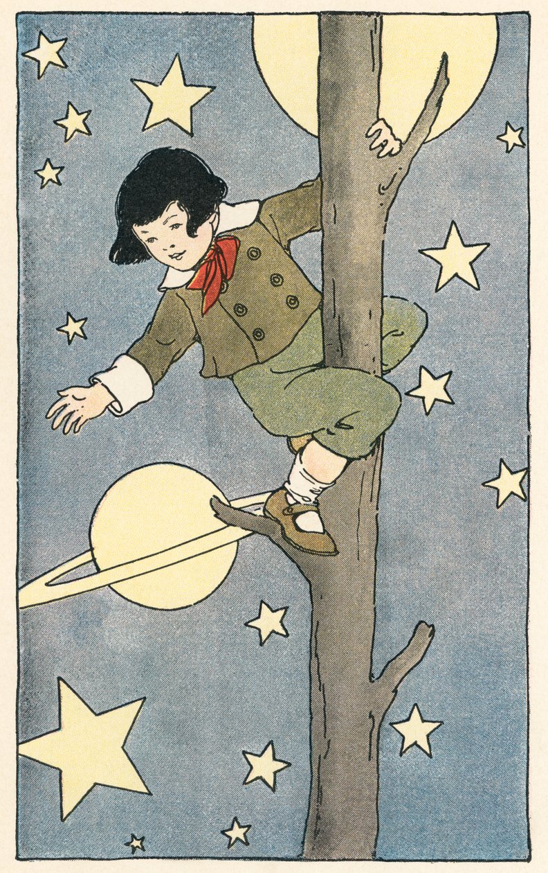 Ragazzo che si arrampica su un albero tra stelle e pianeti da Blanche Fisher Wright